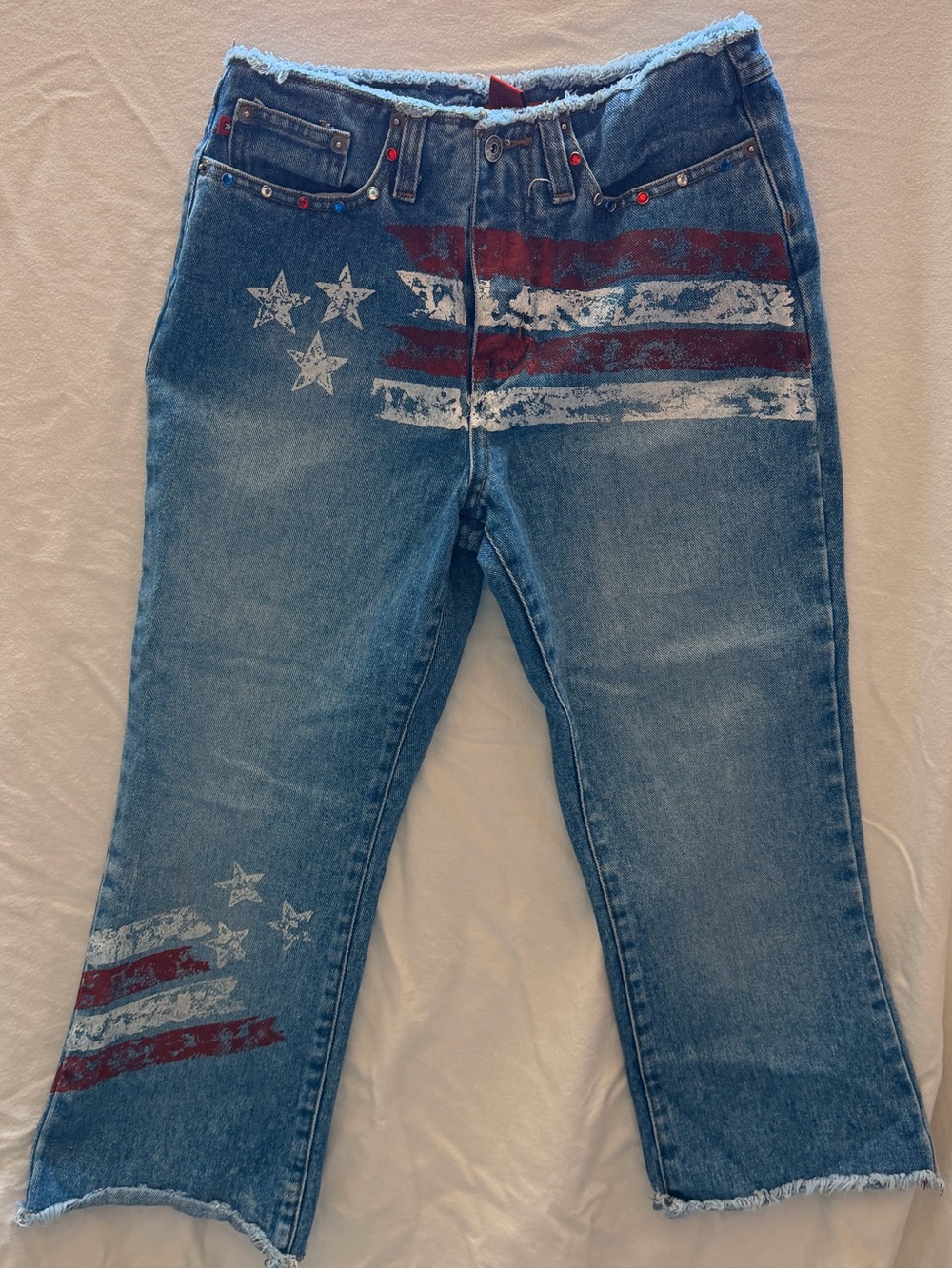 Y2K Girls Juniors Zana Di Cropped Jeans Red & White Flag 4th of July Patriotic
